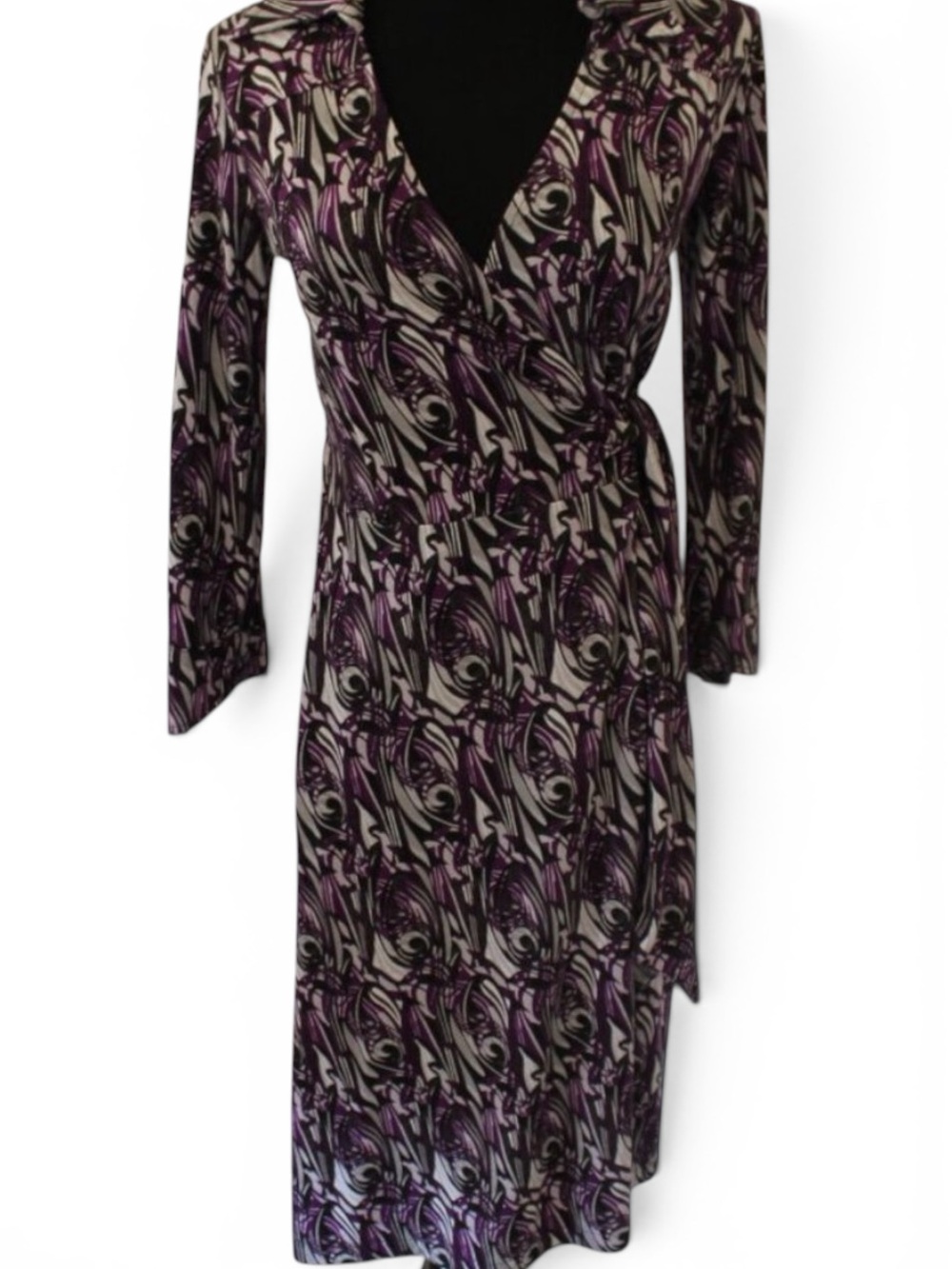 NINE WEST Dress Abstract Geo Faux Wrap Collared Midi Retro S Small Pre-Loved